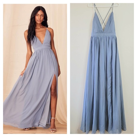 LULU'S Ballroom Bliss Dusty Blue Dress Pleated Maxi Dress size Large - Picture 1 of 5